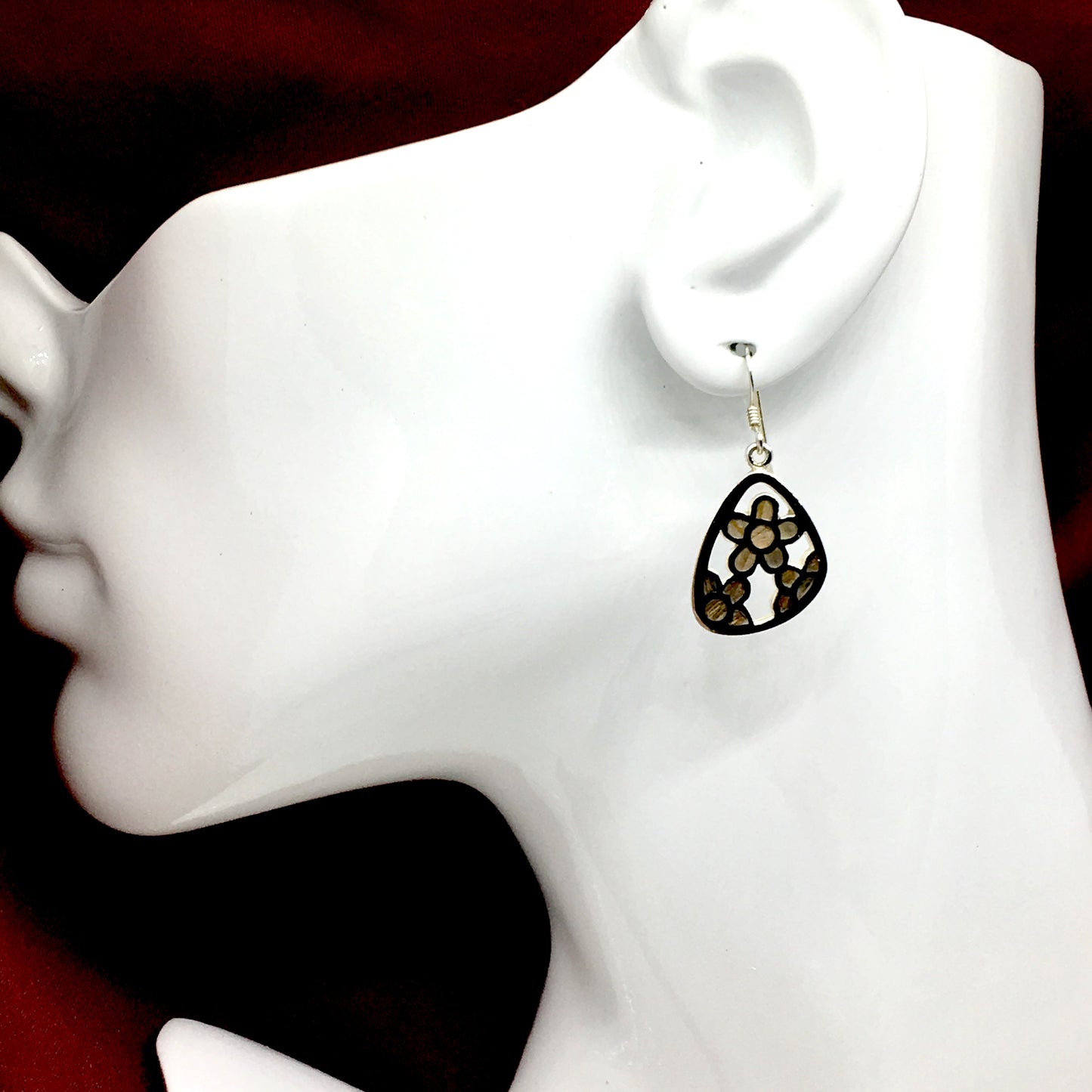 Earrings | Womens Sterling Silver Natural Wood Cut-out Flower Design Dangle Earrings