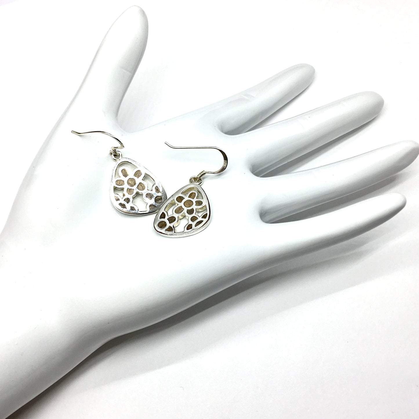 Silver Earrings | Sterling Silver Flower Design Natural Wood Inlay Dangle Earrings | Discount Fine Fashion Jewelry