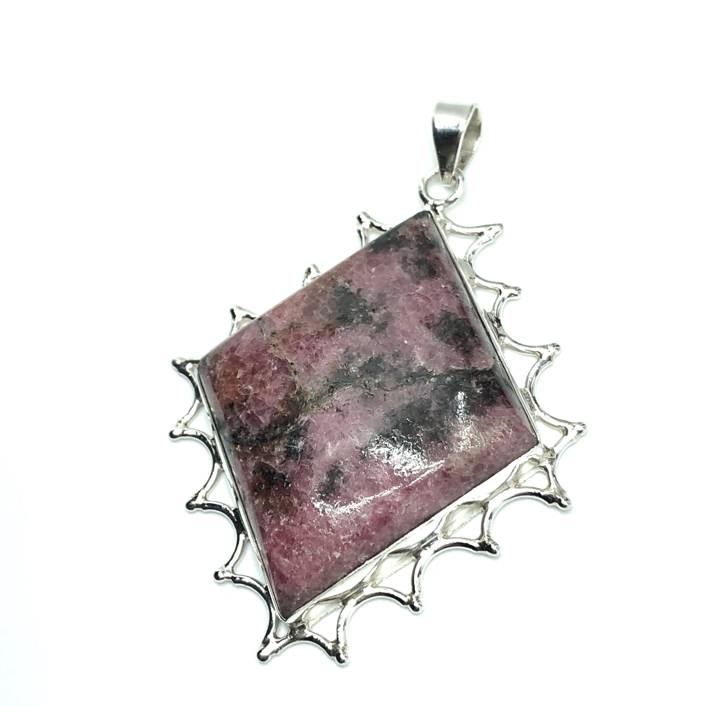 Jewelry Pendant | Big Sterling Silver Diamond Design Rhodonite Stone Pendant