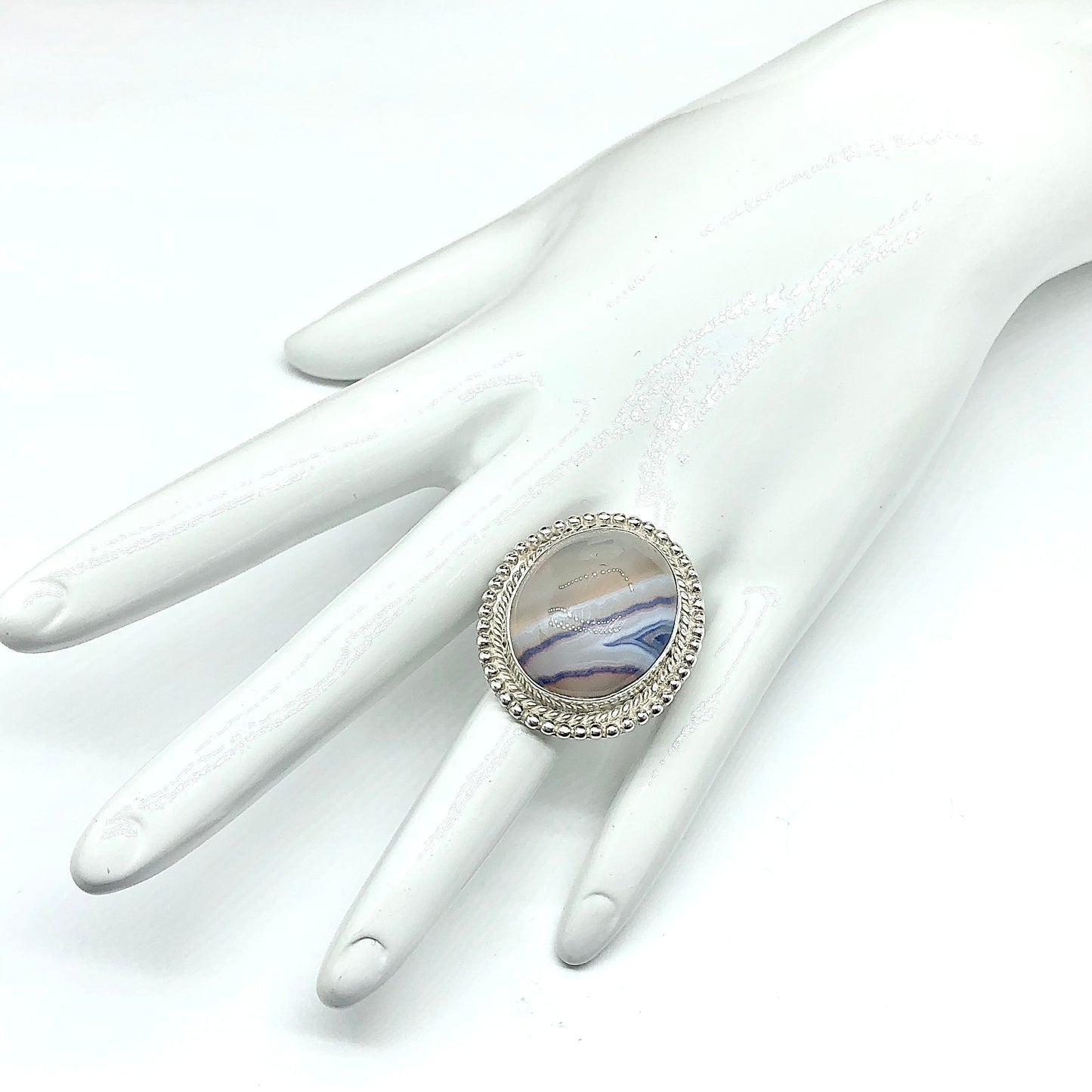 Big Stone Ring, Men's Women's size 9.5 Large Denim Blue Banded Agate Stone Sterling Silver Ring