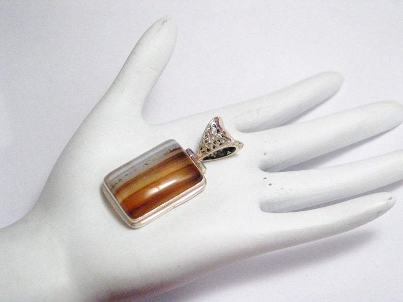 Stone Pendant, Mens Womens Amber Ale Banded Agate Sterling Silver Pendant