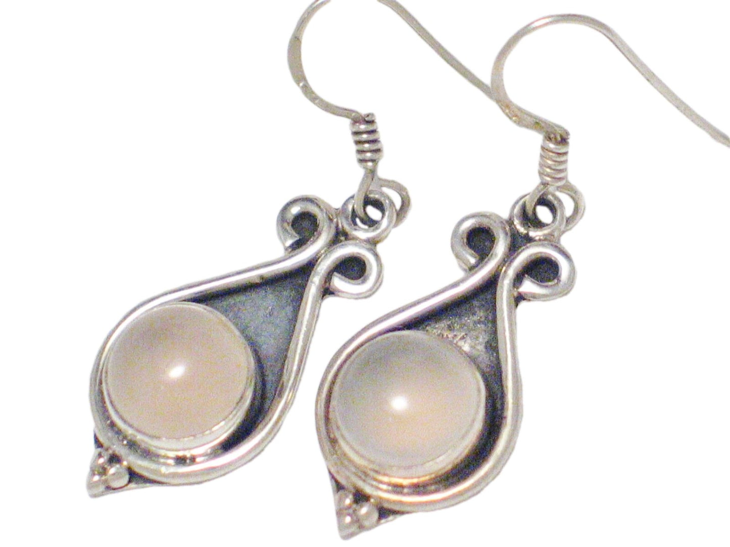 Sterling Silver Dangle Earrings, Classic Ethnic Style Dusty Rose Quartz Stone Silver Earrings