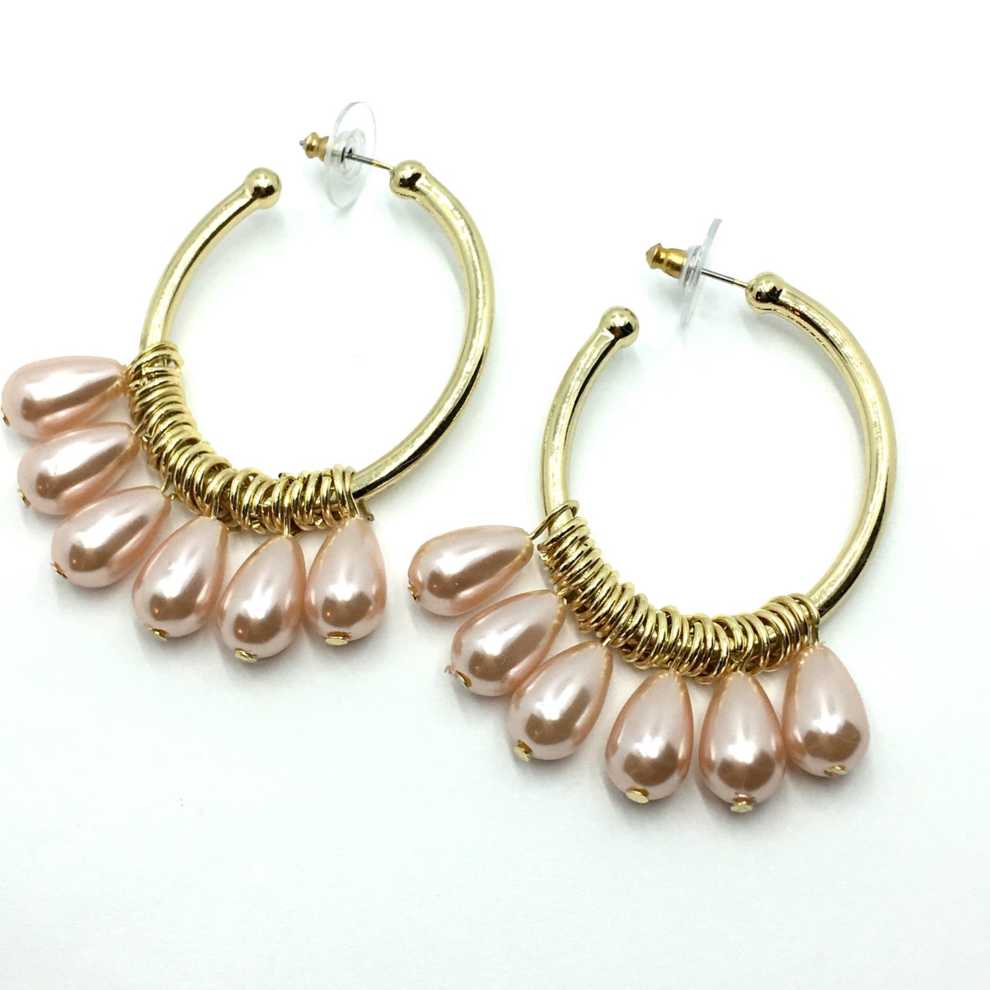 Gold Hoop Earrings Dangling Pink Pearl Charm Oval Hoop Earrings