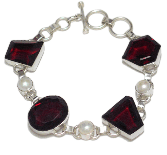 Sterling Silver Bracelet , Toggle Style 8" Big Chunky Red Stone Pearl Tennis Bracelet - Pre-owned Jewelry online - Blingschlingers Jewelry