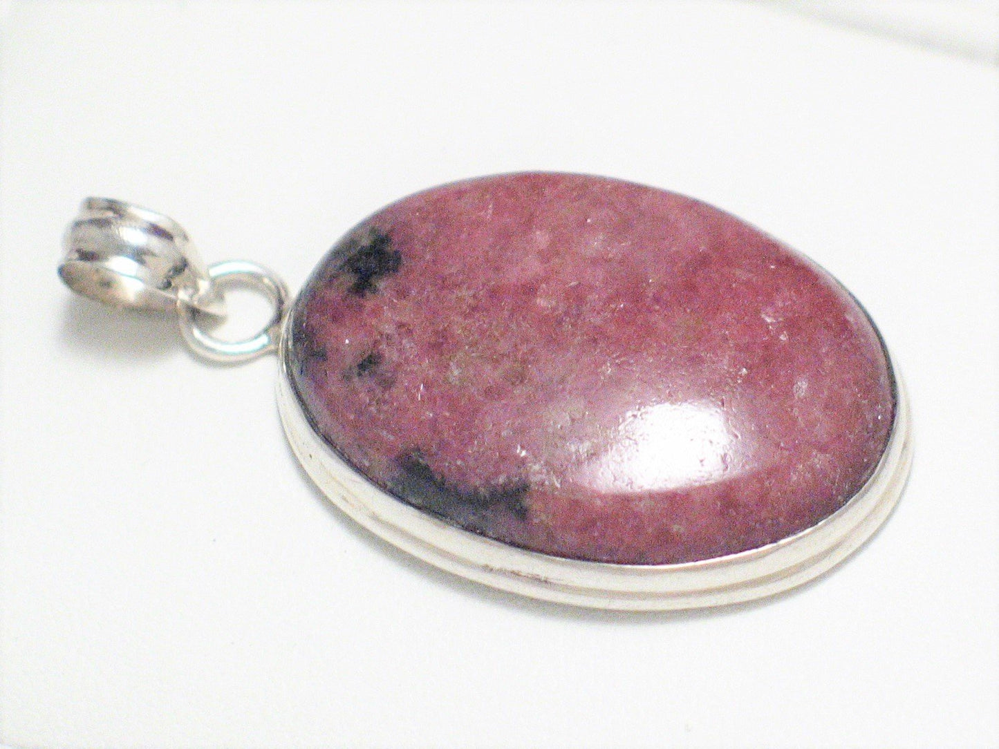 Sterling Silver Pendant, Mens Womens Ruby Pink Rhodonite Oval Stone Pendant