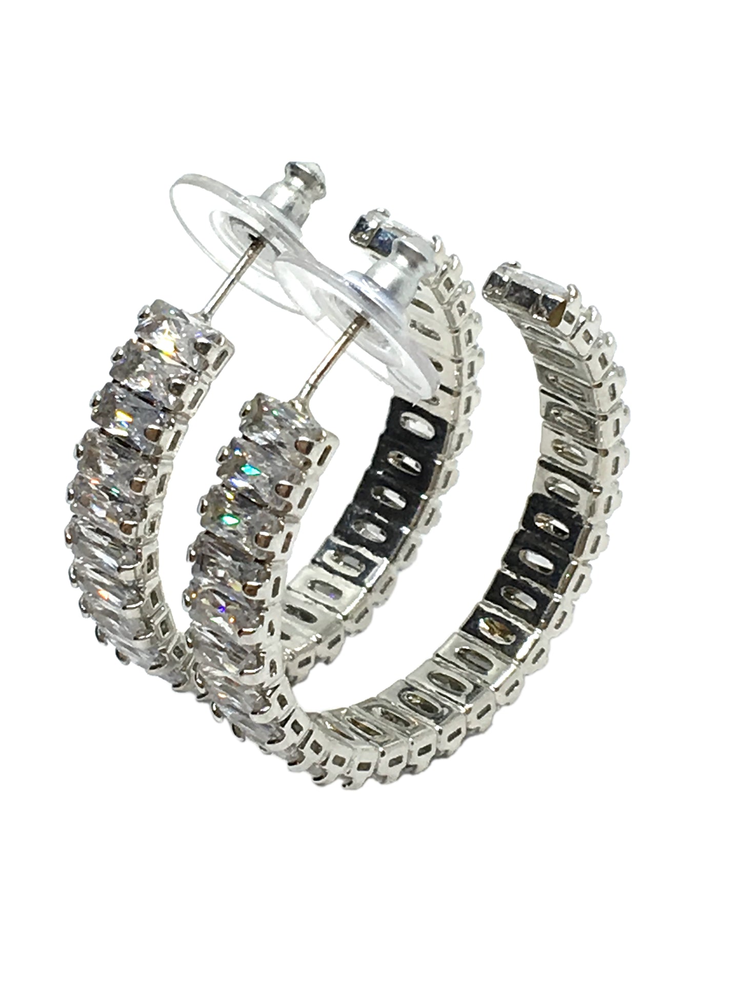 Silver Hoop Earrings Womens Beautiful Estate Baguette Cubic Zirconia Hoop Earrings
