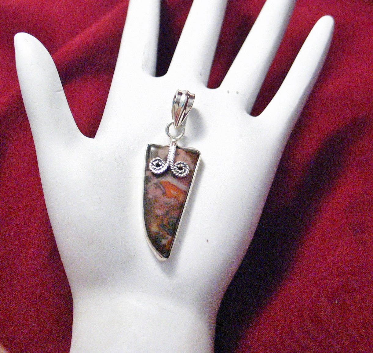 Stone Pendant, Mens Womens Edgy Style Asymmetrical Design Natural Jasper Stone Sterling Silver Pendant