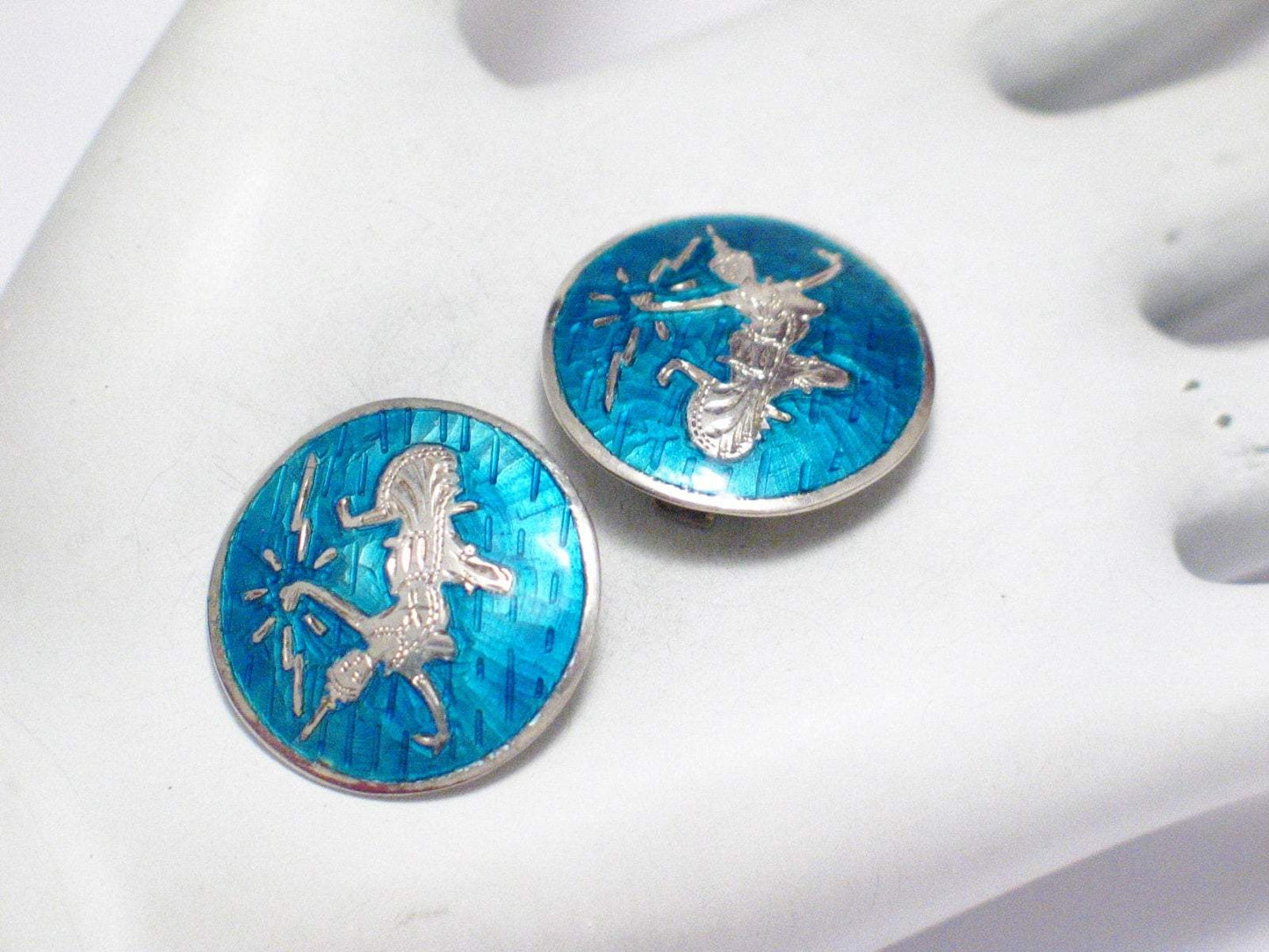 Clip on Earrings, Large Blue Guilloche Siam Goddess Circle Design Sterling Silver Earrings, Vintage Jewelry - Blingschlingers Jewelry