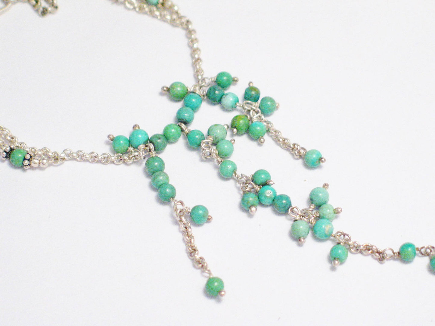 Tassel Necklace, Cascading Green Turquoise Stone Beaded Sterling Silver Y Necklace - Womens Jewelry