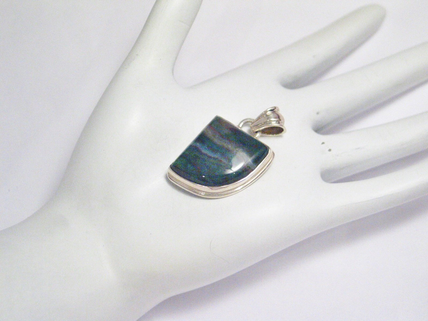 Stone Pendant, Quarter Oval Design Unique Green Natural Bloodstone Sterling Silver Pendant