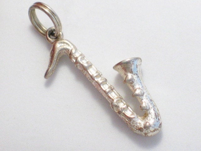 3d Charm, 1980s 3D Style Saxophone Charm Sterling Silver Pendant