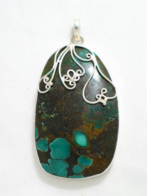 Big Pendant, The Lagoon - Turquoise Chrysocolla Stone Focal Style Sterling Silver Pendant - Blingschlingers Jewelry