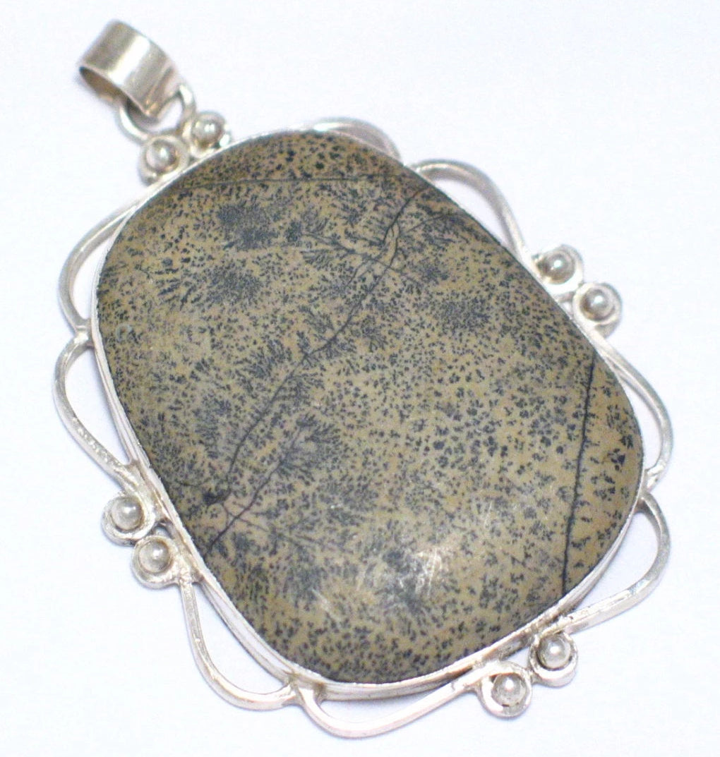 Big Pendant, Unique Tan and Black Satiny Fossil Stone Sterling Silver Pendant - Blingschlingers Jewelry
