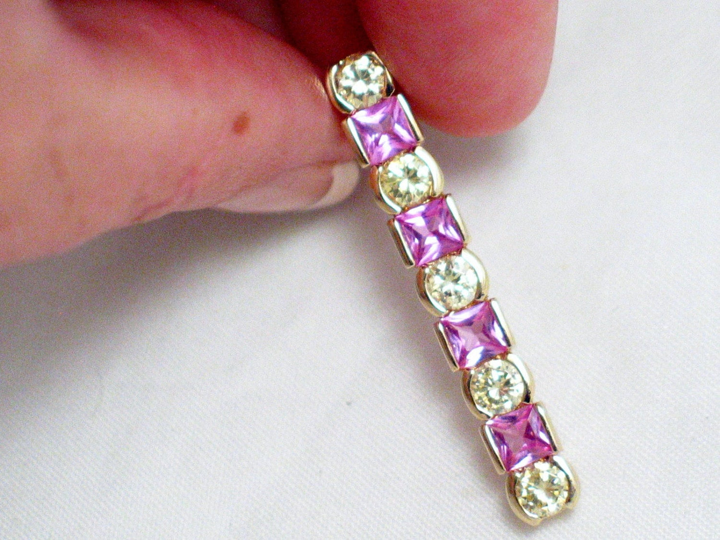 Bar Pendant, Womens Glittering Gold Sterling Silver Pink + Canary Yellow Zirconia Sterling Silver Pendant