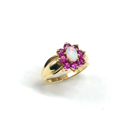 preowned 10k Yellow Gold Garnet and Opal Gemstone Ring