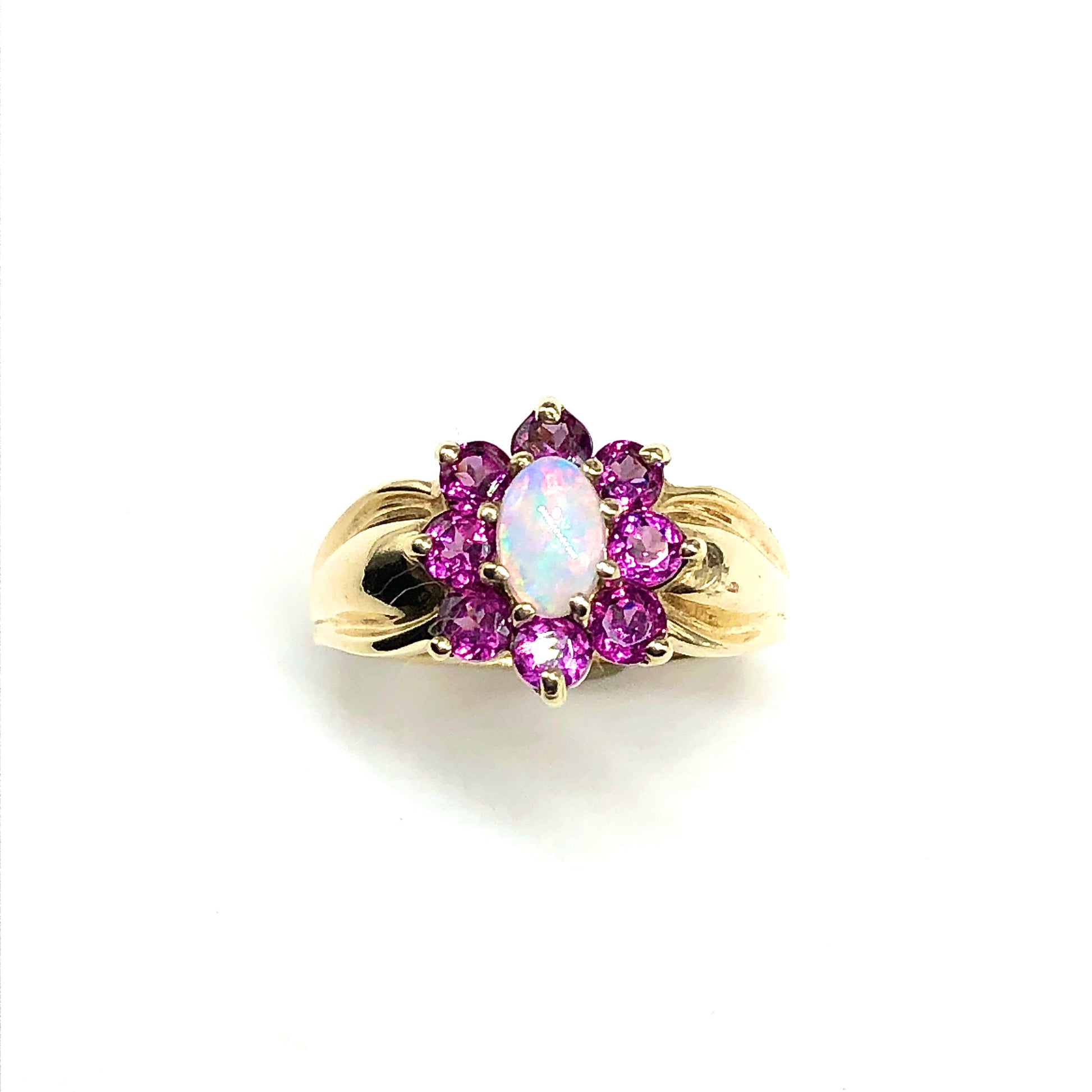 10k Gold Opal Ring, Stunning Vintage Garnet Opal 10k Gold Halo Ring