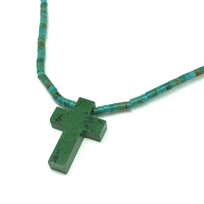 Faith Jewelry used - Sterling Silver Turquoise Tube Bead Block Cross Pendant Necklace