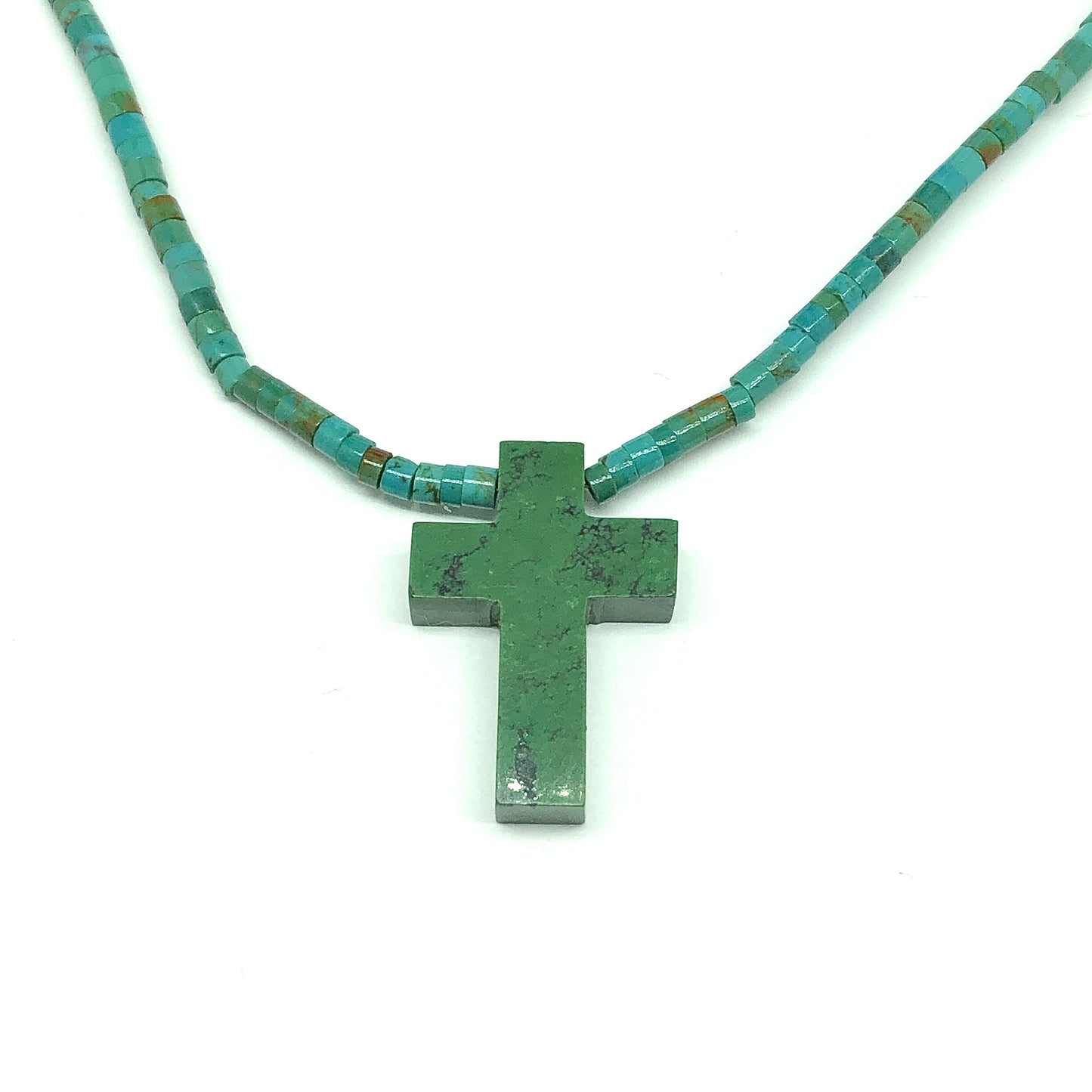 Sterling Silver Bold Style Green Turquoise Bead Cross Necklace
