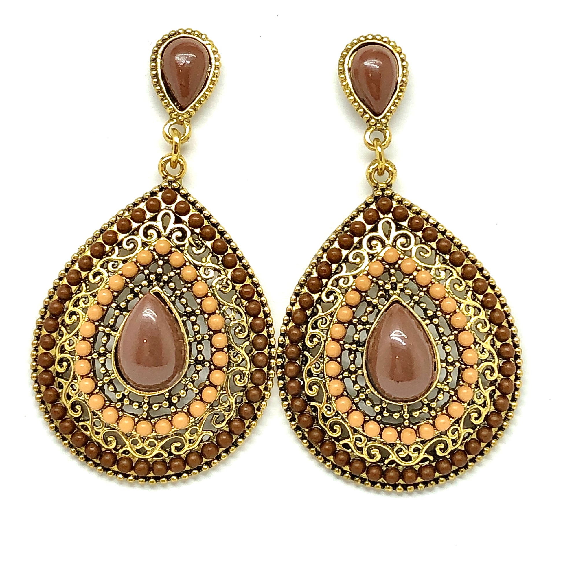 Blingschlingers - Womens Boho Style Cut-out Filigree Brown Gold Teardrop Dangle Earrings
