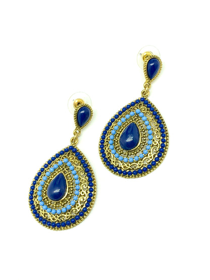 Stylish Cutout Design Blue Beaded Teardrop Style Gold Drop Earrings