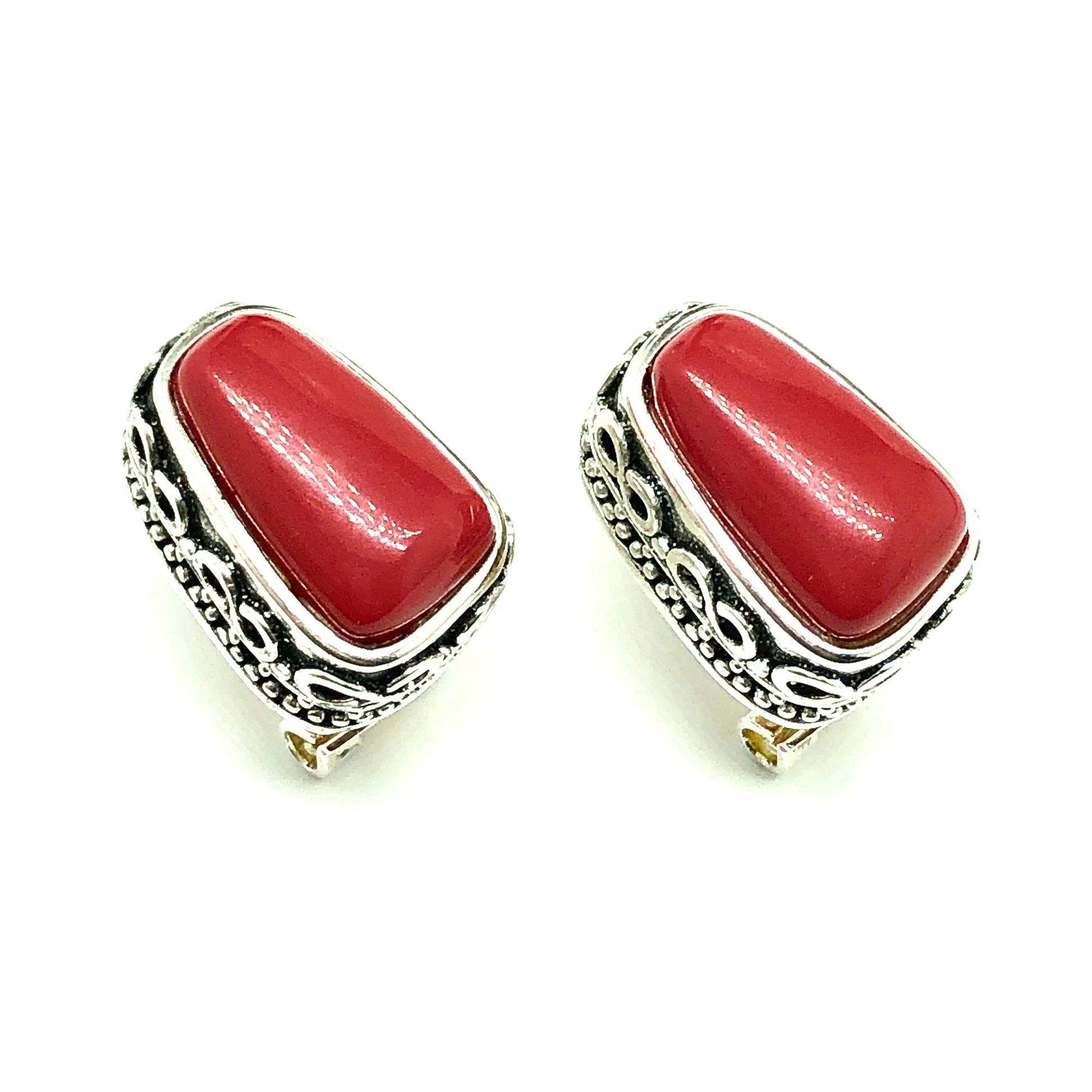Stylish Bali Design Lipstick Red Stone Silver Drop Earrings