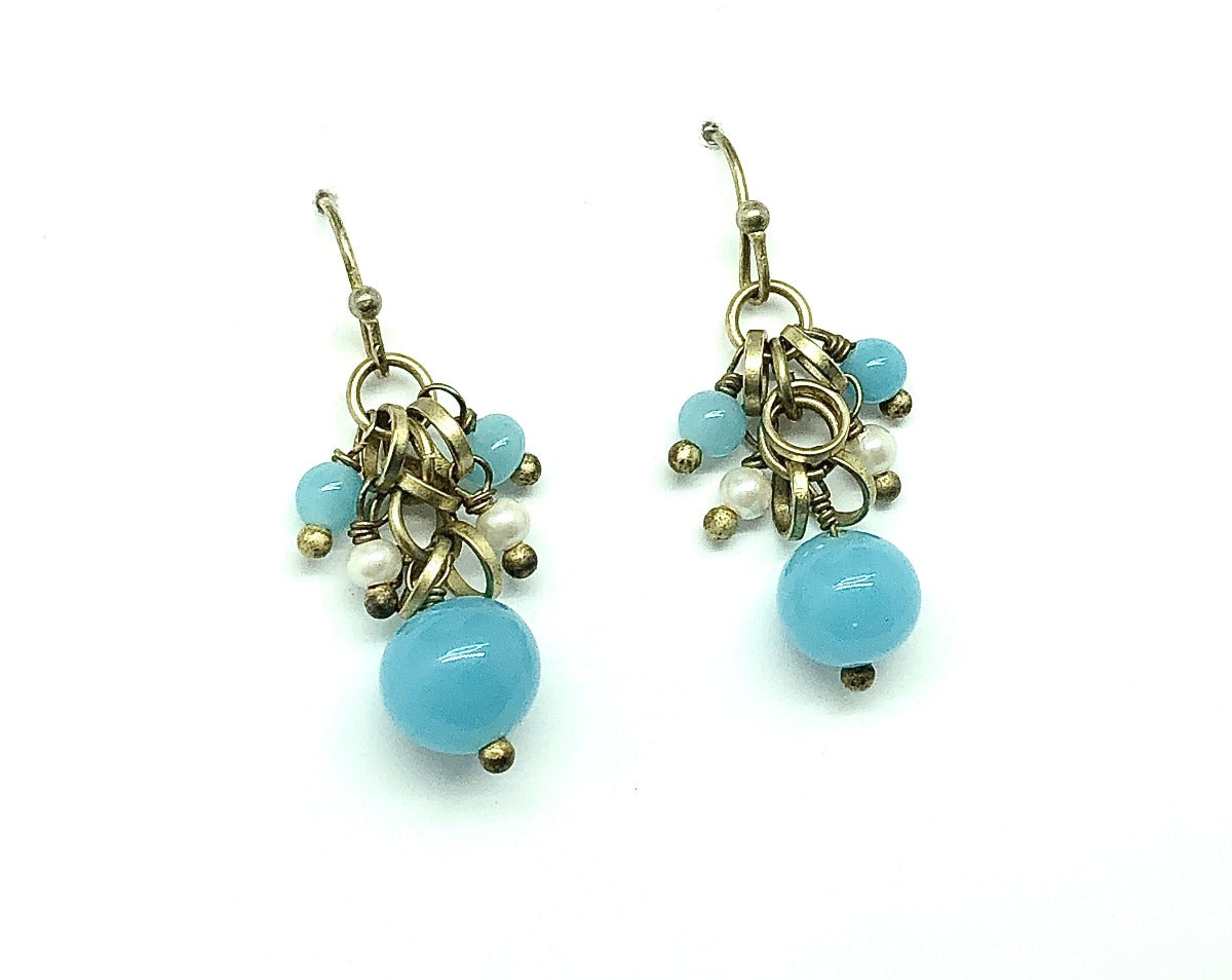 Earrings Womens Bronze Blue & Pearl Short Drop Beaded Dangles