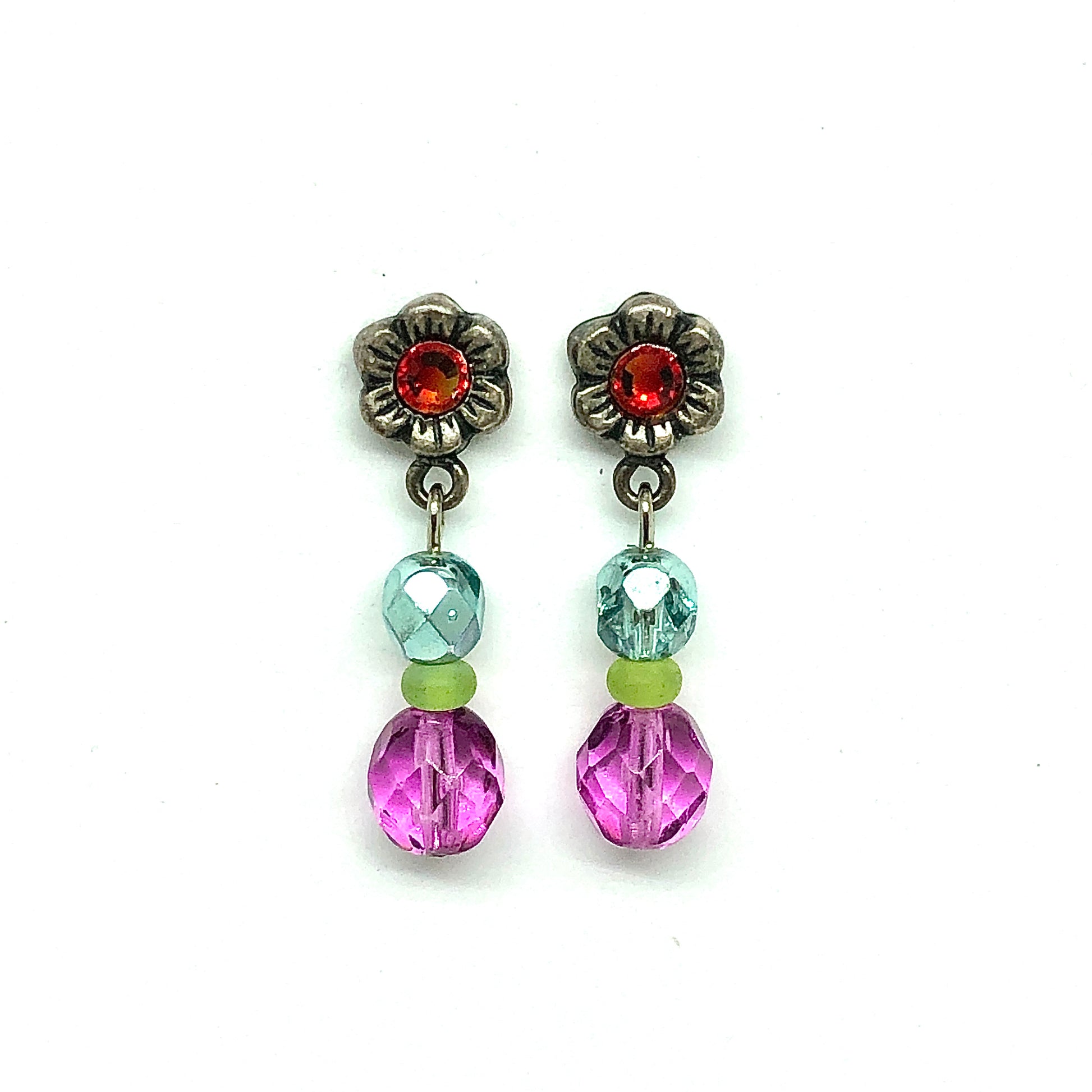Earrings - Pre-owned Portman Petunia Flower Design Pink Blue Bead Dangling Earrings