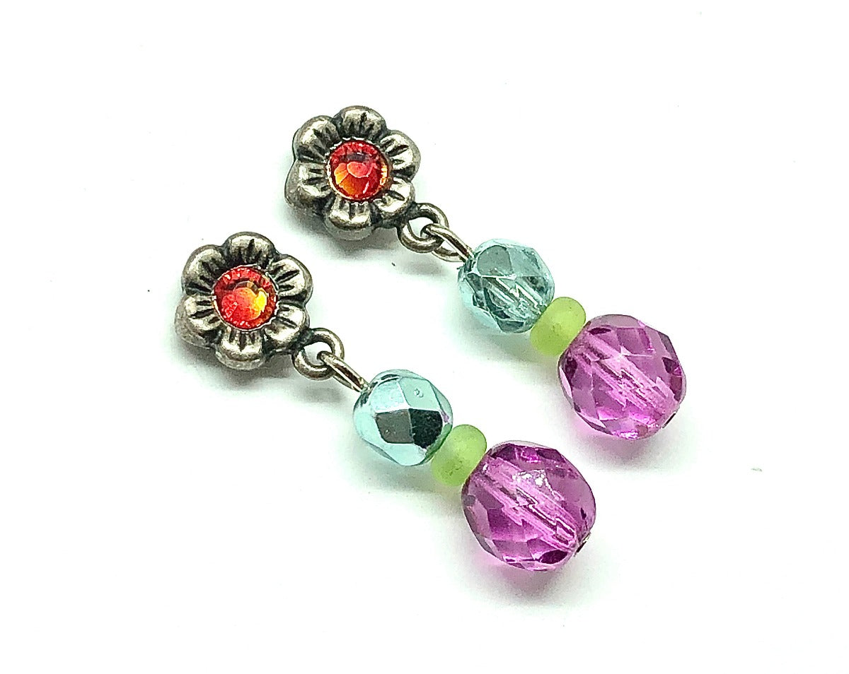 Whimsical Vibrant Pink & Blue Beaded Flower Dangle Earrings