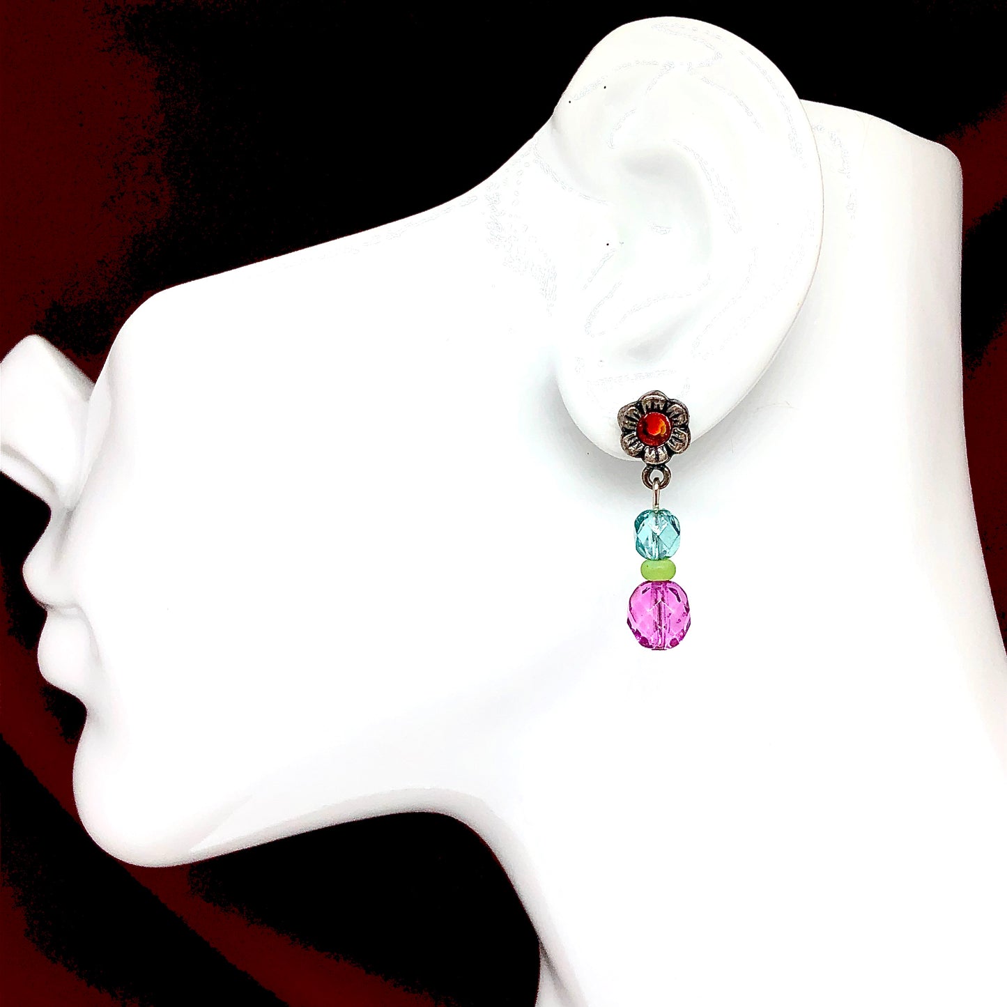 Blingschlingers - Whimsical Vibrant Pink & Blue Beaded Flower Dangle Earrings