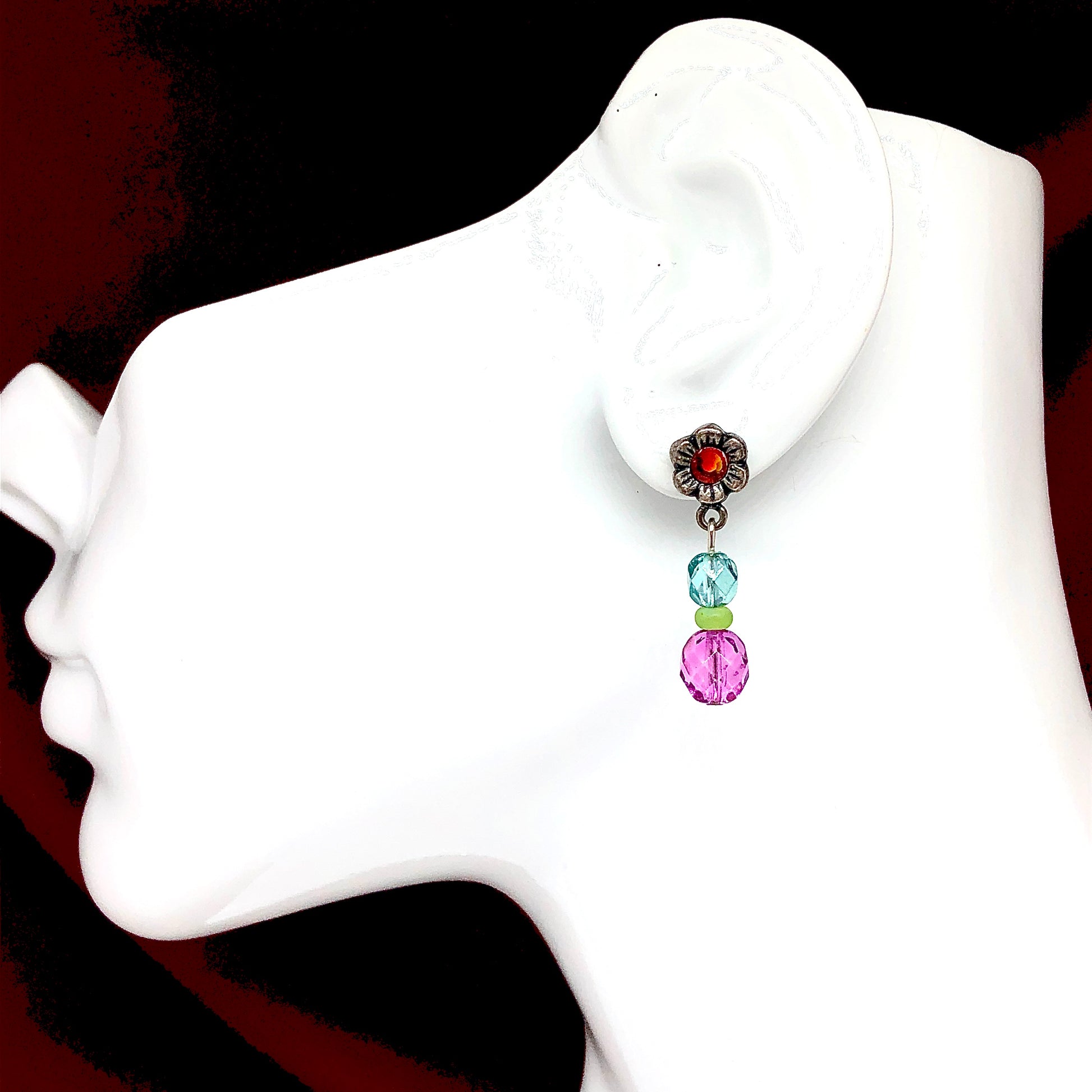 Blingschlingers - Whimsical Vibrant Pink & Blue Beaded Flower Dangle Earrings