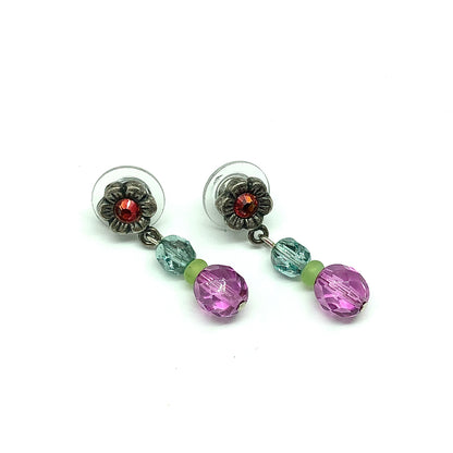 Earrings - Pre-owned Portman Petunia Flower Design Pink Blue Bead Dangling Earrings