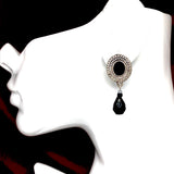 Estate Jewelry | Satiny Silver Oval Sunflower Design Black Drop Earrings