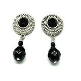 Estate Jewelry | Camelia - Satiny Silver Oval Sunflower Design Black Drop Earrings