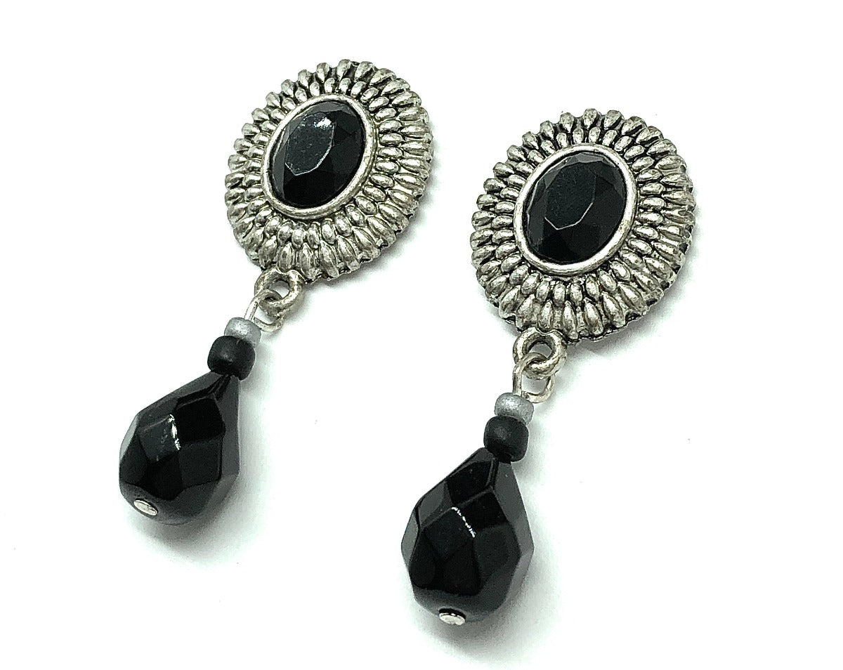 Satiny Silver Sunflower Black Briolette Dangle Style Earrings - Blingschlingers Jewelry USA