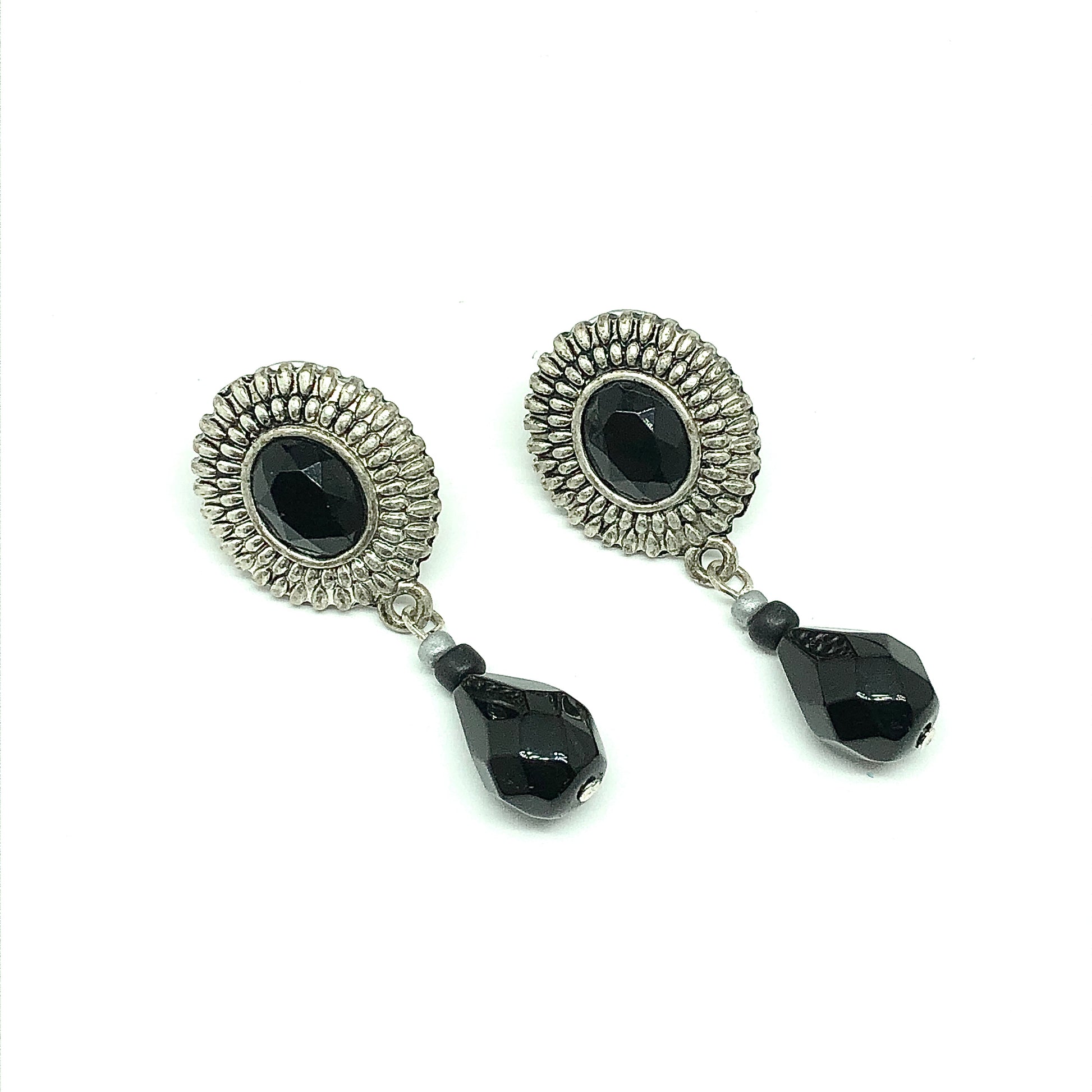 Satiny Silver Sunflower Black Briolette Dangle Style Earrings