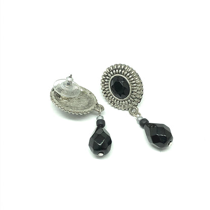 Camelia - Satiny Silver Oval Sunflower Design Black Drop Earrings