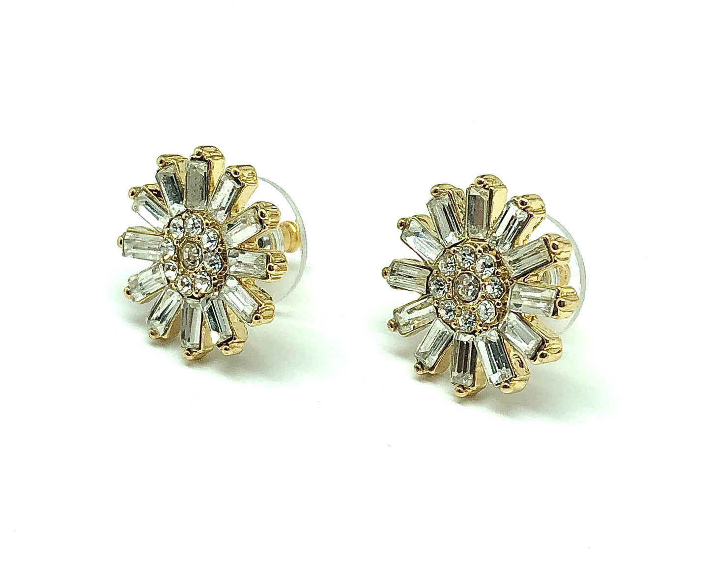 Shining White Crystal in Golden Daisy Flower Design Earrings