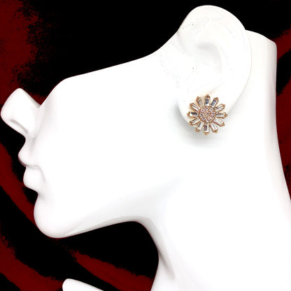 Shining White Crystal in Golden Daisy Flower Design Earrings