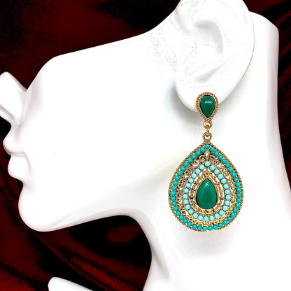 Boho Style Green and Golden Design Big Dangle Earrings