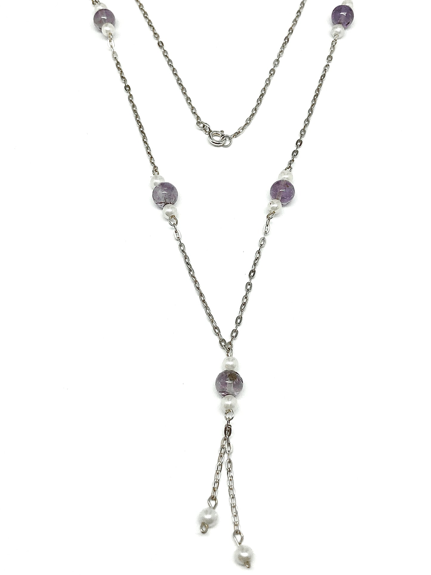 Jewelry Necklace - Amethyst Stone Sterling Silver Layering Y Chain Station Necklace