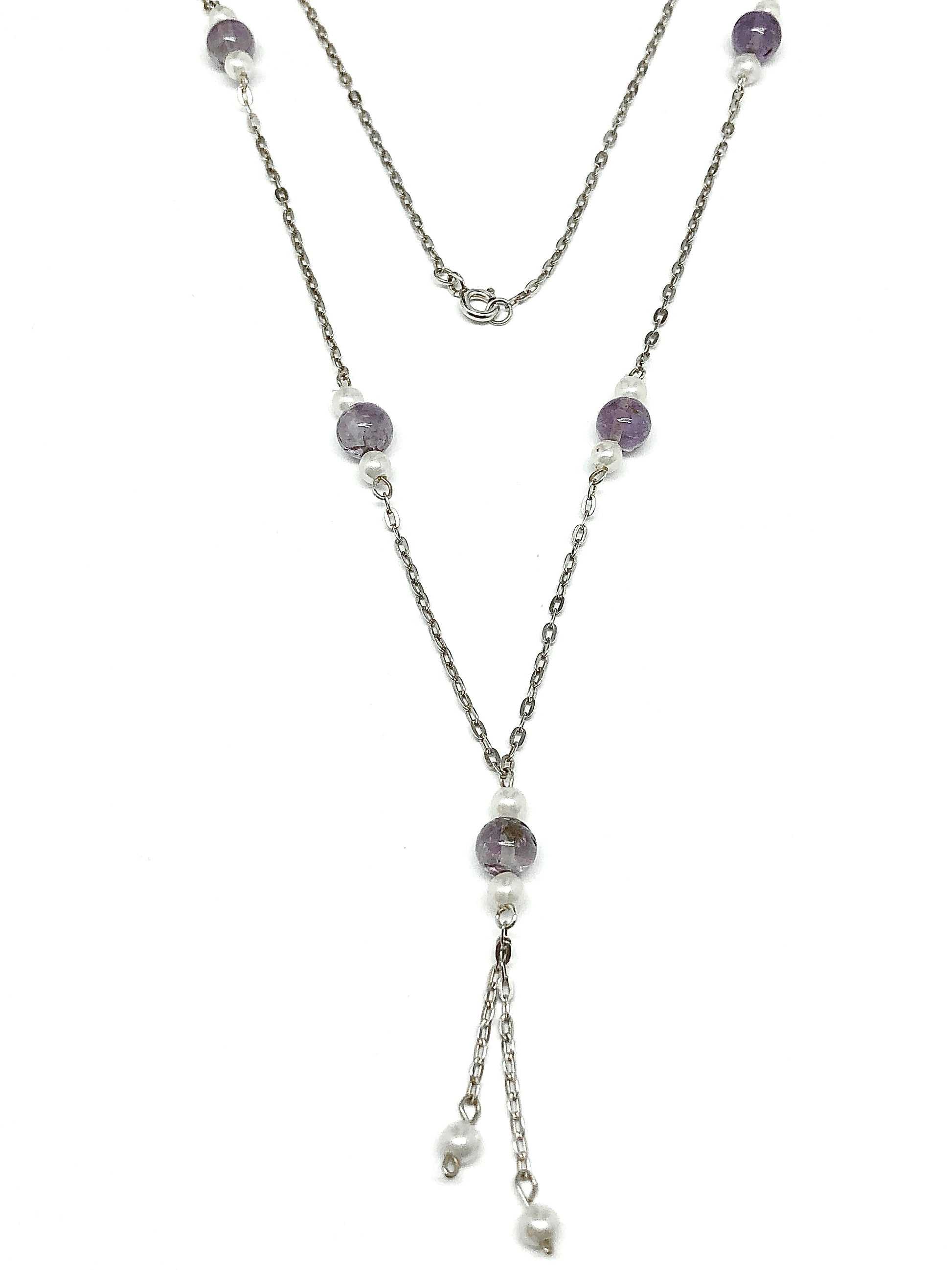 Jewelry Necklace - Amethyst Stone Sterling Silver Layering Y Chain Station Necklace
