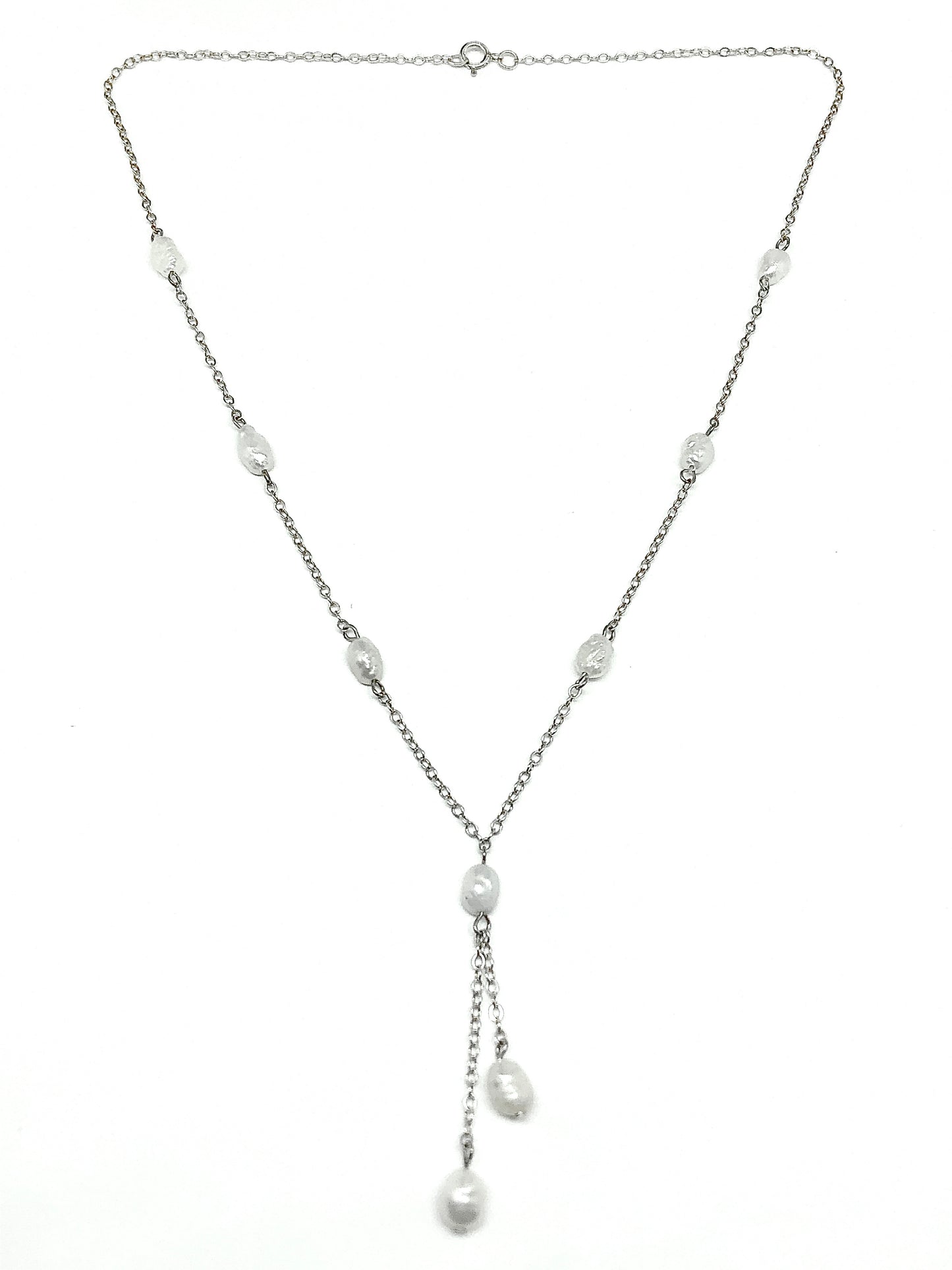 Dainty Y-chain Sterling Silver White Pearl Tassel Necklace 16.25in