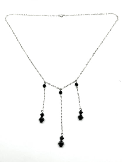 Stylish 16in Sterling Silver Black Bead Station Y Chain Necklace