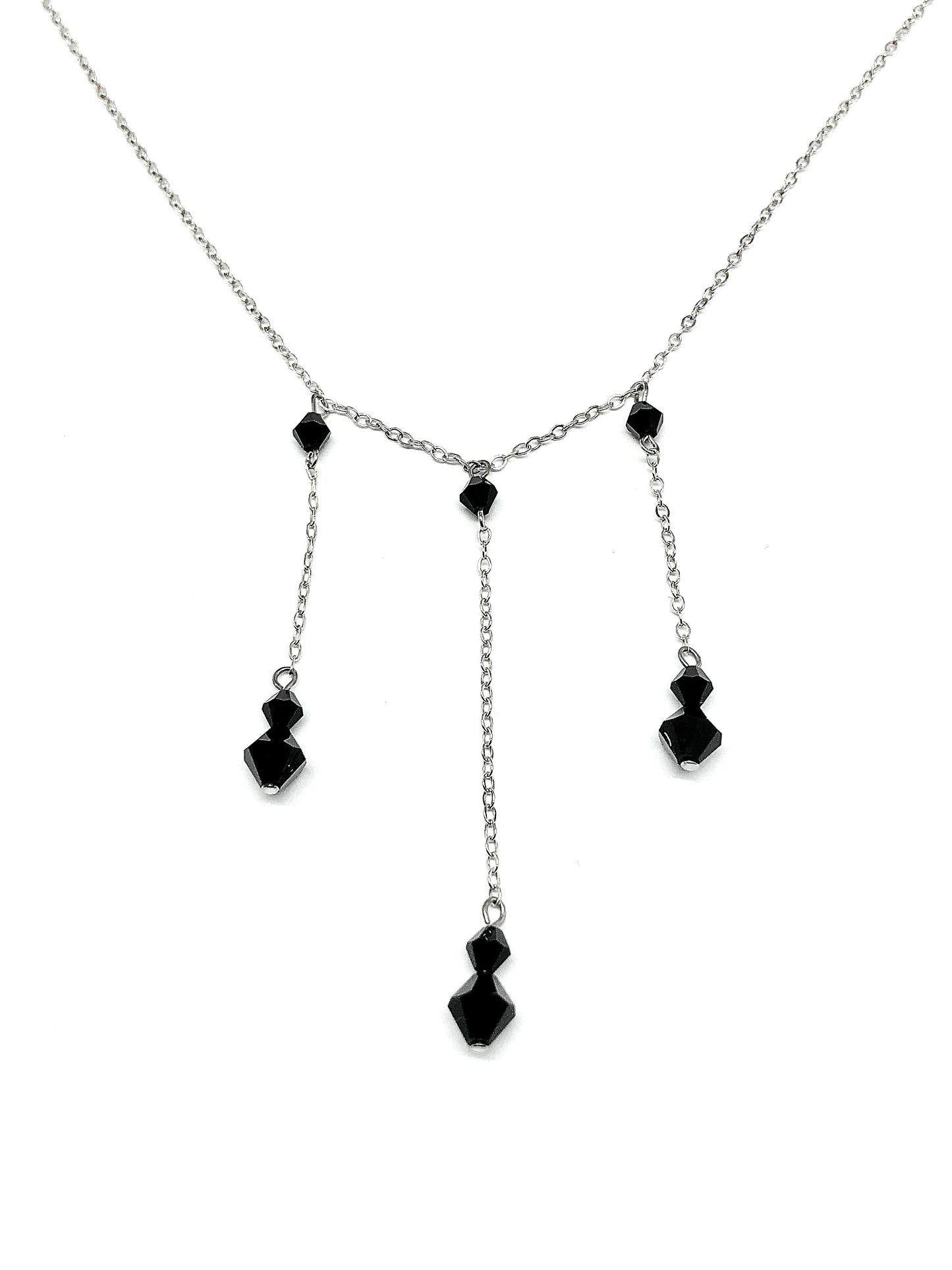 Stylish 16in Sterling Silver Black Bead Station Y Chain Necklace