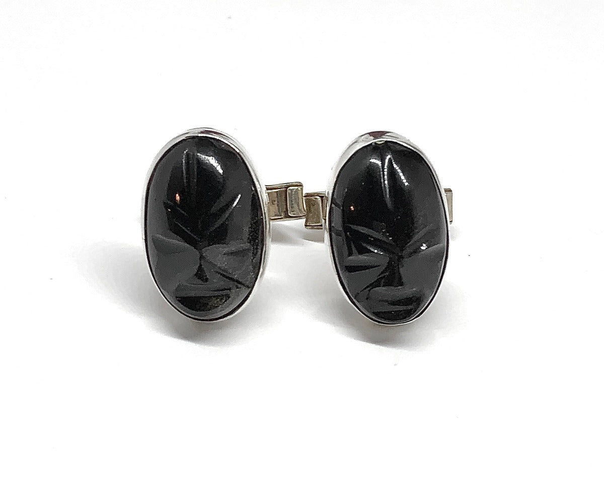 Buy Smart & Save, Vintage Jewelry | Exotic Black Golden Obsidian Carved Face Oval Sterling Silver Cufflinks