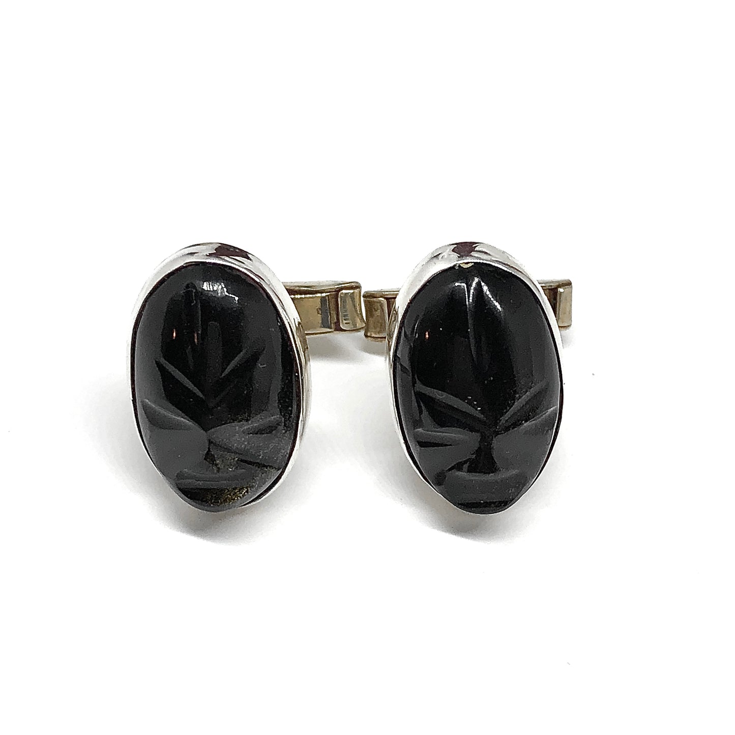 Mens Exotic Carved Black Golden Obsidian Sterling Silver Cufflinks