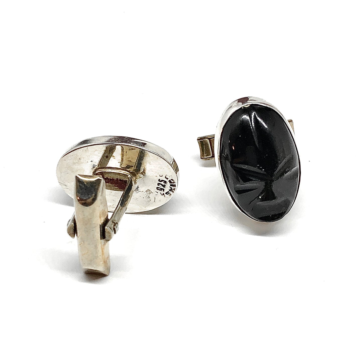 Mens Exotic Carved Black Golden Obsidian Sterling Silver Cufflinks