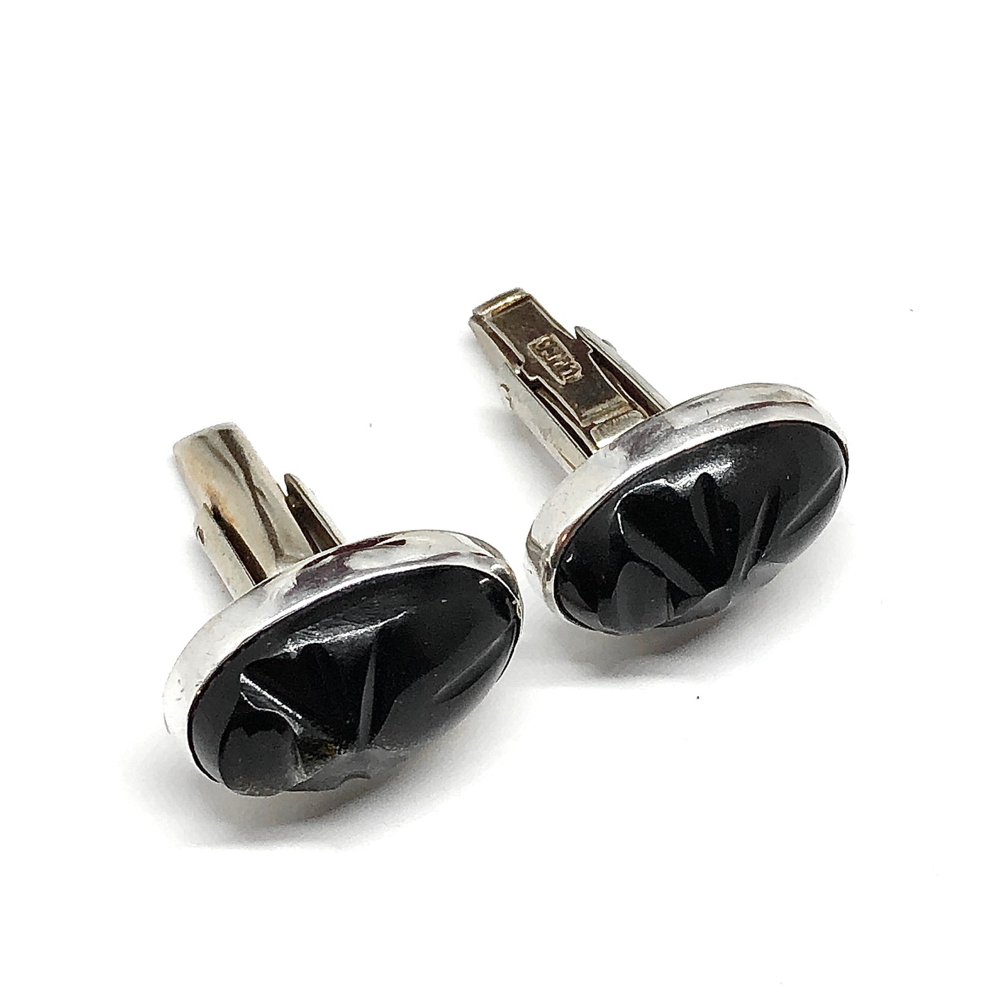 Vintage Jewelry | Exotic Black Golden Obsidian Carved Sterling Silver Cufflinks