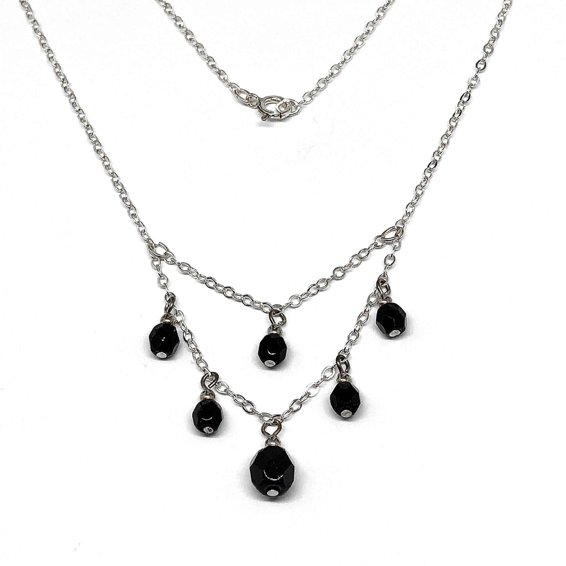 Short Sterling Silver Black Crystal Minimalist Style Y-Chain Tassel Necklace - Blingschlingers