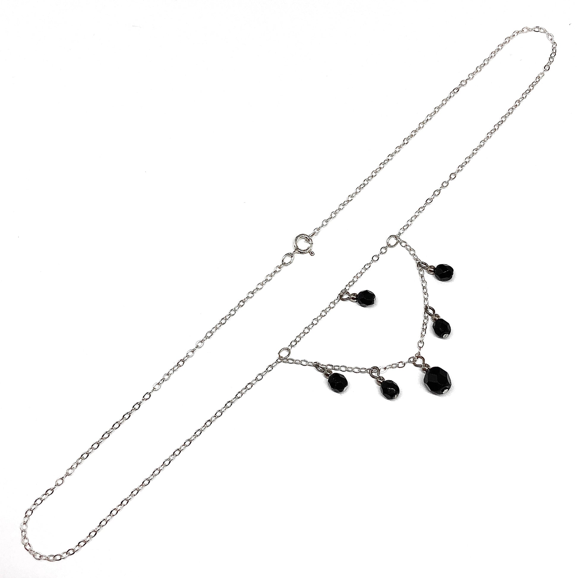 Short Sterling Silver Black Crystal Minimalist Style Y-Chain Tassel Necklace
